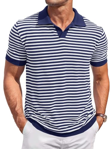 Runcati Mens Knit Polo Shirts Short Sleeve Striped V Neck Golf Shirt Classic Casual Summer Tops Dark Blue