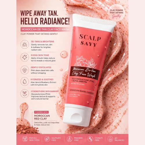 Image of Moroccan De-Tan Clay Face Wash with Aloe Vera Extract - Deep Cleansing Face Cleanser for Tan Removal & Skin Brightening, Gentle Daily Face Wash for All Skin Type (100Ml)
