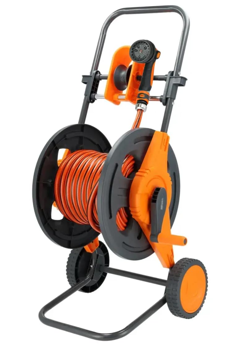 Avvolgitubo - Carrello da Giardino con Tubo da 25m, Spruzzatore e Raccordi per Giardino e Prato, con Guida per Tubo, Kit Completo per L'irrigazione