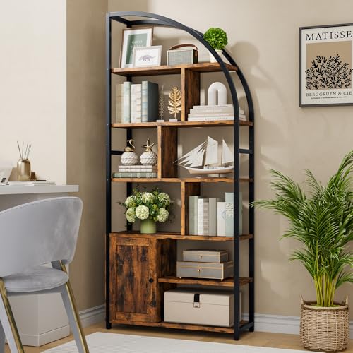 Image of Jehiatek 71 inch Arc Gold Bookshelf with Storage Cabinet, Tall 6 Tiers Industrial Bookcase with Sturdy Metal Frame, Geometric Book Shelf for Lving Room, Home Office, Black and Brown