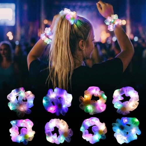 HAVLOTII 8 Pcs LED Light Up Scrunchies for Girls Glow in the Dark Hair Ties for Neon Rave Party Luminous Floral Hair Accessories for Party Birthday Music Festivals & Night Running (Sheer Mesh)