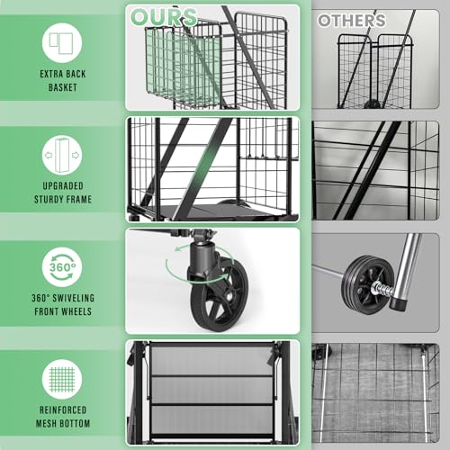 [2024NEW] Extra Large Shopping Cart for Groceries, 450 lbs Heavy Duty Grocery Cart with 360° Swivel Wheels, Waterproof Liner, Dual Basket, Portable Folding Utility Carts for Seniors,Laundry,Transport - Thumbnail 3