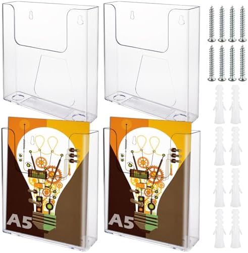 SENENQU 4 Pack Clear Plastic A5 Leaflet Holder, Wall Mounted Magazine File Holder, Transparent ...