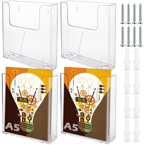 Image of SENENQU 4 Pack Clear Plastic A5 Leaflet Holder, Wall Mounted Magazine File Holder, Transparent Brochure Dispenser Holder A5 for Office Restaurants Reception
