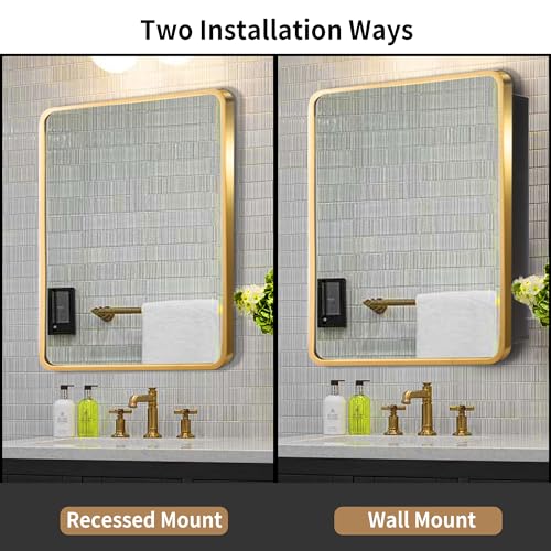 Image of Movo 20x31 Inch Recessed or Surface Mount Medicine Cabinet with Mirror Aluminum Metal Framed Bathroom Mirror Medicine Cabinet Rectangle Storage Cabinet Gold