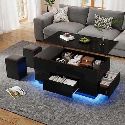 100 x 50 x 45 cm. Mesa de centro 4 en 1 de altura ajustable con LED, mesa de café con 2 cajones, mesa brillante con sofá y 2 taburetes, mesa auxiliar con espacio de almacenamiento oculto, capacidad de