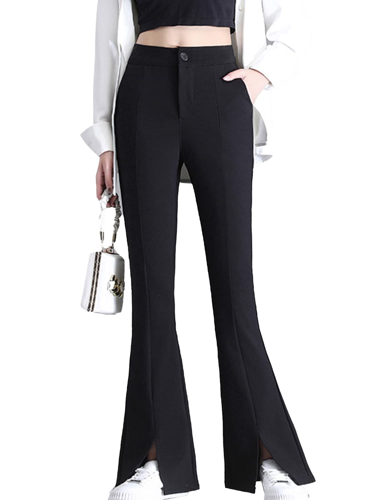 Womens High Waist Flare Leg Pants Split Front Bootcut Work Pants Elegant Dress Pants