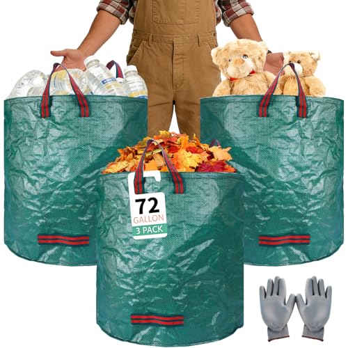 3 Pack 72-Gallon Yard Waste Bags with Gardening Gloves Heavy Duty Reusable Lawn Leaf Bags with Reinforced Handles Collapsible Garden Bags for Leaves Debris and Outdoor Clean Up