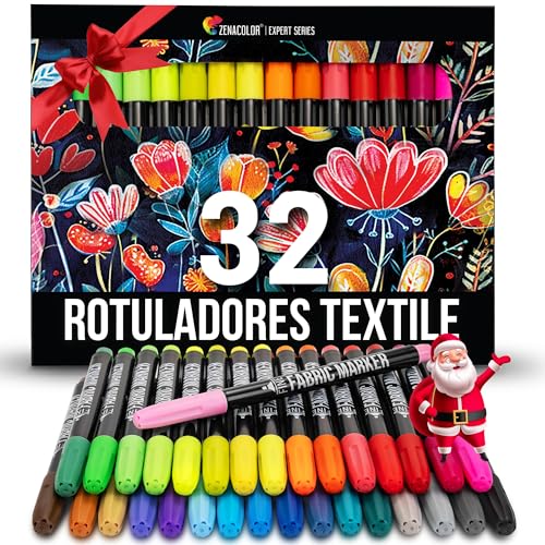 Zenacolor 32 Rotuladores Textiles - Pintura Textil Permanente y Lavable - No Tóxica y Indeleble, Pintura Para Tela con Punta Fina - Perfecto para Camisetas, Bolsas, Tote Bag - Para Niños y Adultos