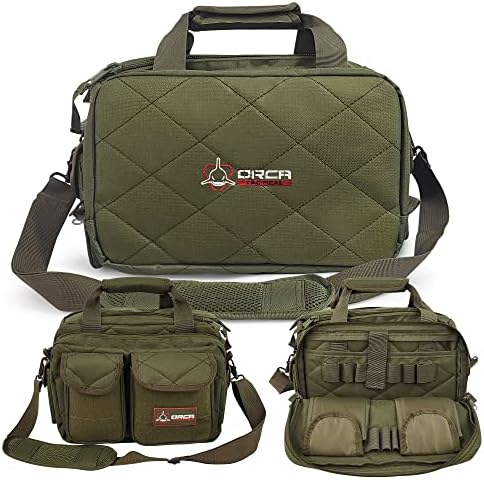 Orca Tactical Gun Range Bag – Compact Pistol Revolver Range Bag for Handguns and Ammo – Self Standing Gun Bag – Handgun Bag with Durable Double Stitching Lockable YKK Zippers (ODGreen)