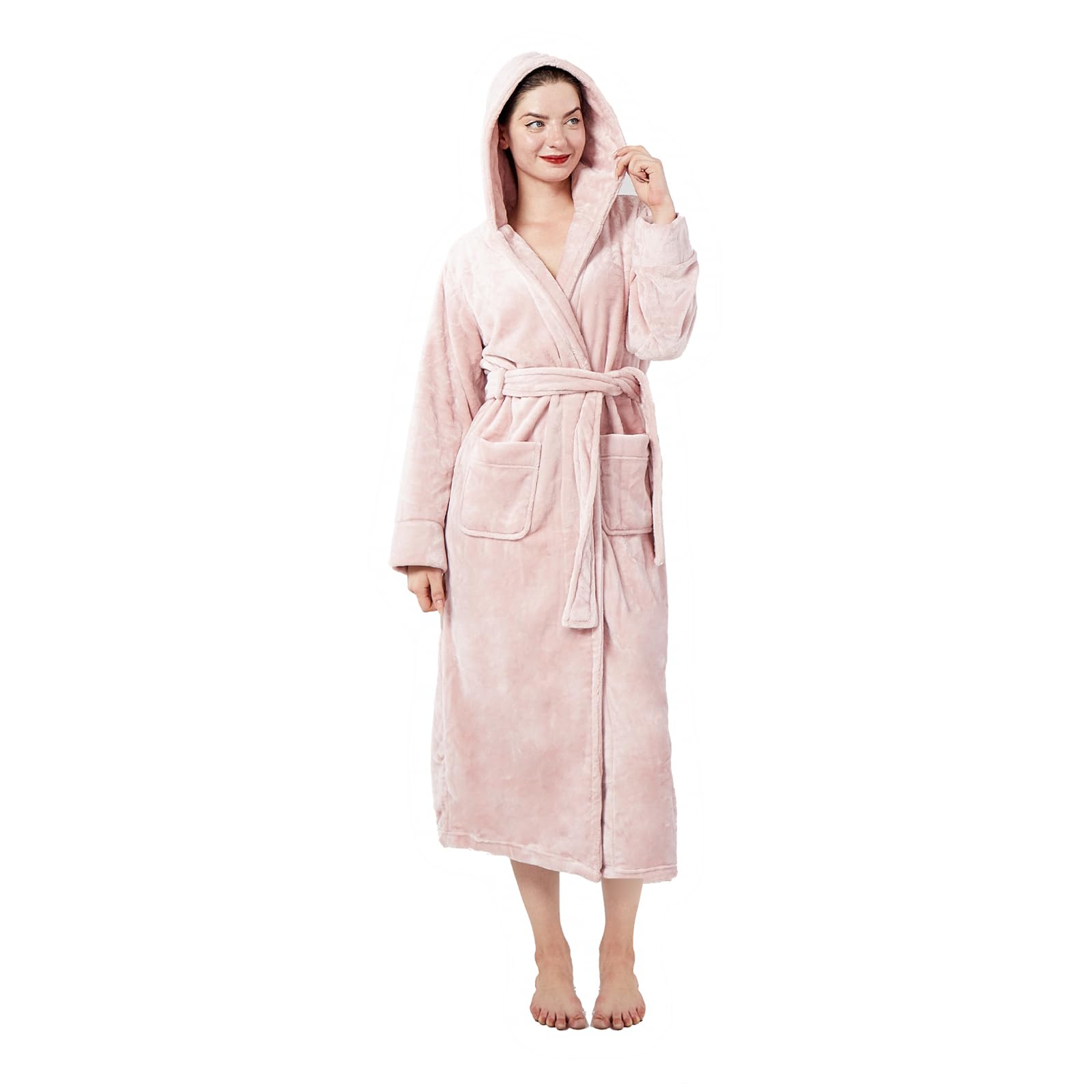 Womens Fleece Hooded Fluffy Bathrobe Plush Long soft cozy Winner Warm fuzzy Spa Robe with deep pockets