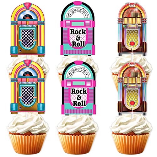 18Pcs Microphone Glitter Dessert Cupcake Topper Retro 50S 60S Rock Roll Theme Theme Decor Supplies Happy Birthday Music Party Decorations #TOP30