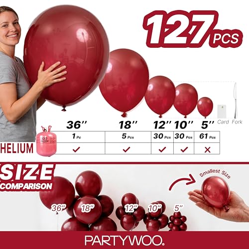 Image of PartyWoo Burgundy Balloons 127 pcs Different Sizes of 36 18 12 10 5 Inch Dark Chestnut Red Maroon Balloon Arch Kit Garland for Graduation Valentine's Day Birthday Party Decorations Red-Y62