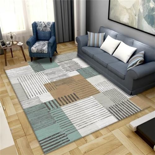 Tapis bleu gris carré géométrique résistant aux taches de bébé