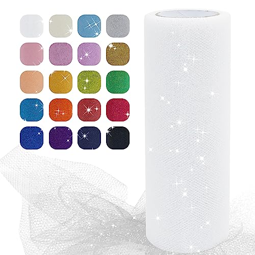 Uiopa Tulle Blanc, 15cm x 22,8m Rouleau de Tulle Pailleté en Polyester Maille Tissu pour Tutu Jupe, Deco Mariage/Fête, Deco Chaise Mariage, Noeud Cadeau,...
