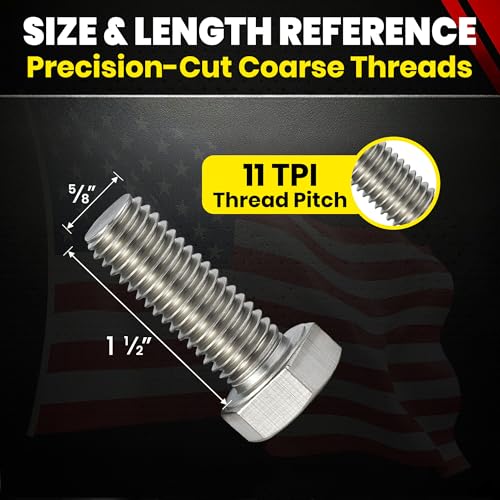 Image of Chenango Supply 5 /8-11 x 1-1 /2 inch Stainless Steel Hex Head Bolts - 304 Stainless, USS Coarse Thread, 100,000-125,000 PSI Tensile Strength, Corrosion-Resistant Hardware Bolts (10 Pack, 5 /8-11 x 1-1.5)