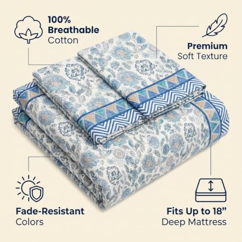 Image of Authentic Jaipuri Print King Size Bed Sheet Set (93 inch x 108 inch) Breathable Cotton | Deep Pocket Fits Up to 18 inch Mattress | Blue Floral Design with 2 Pillow Covers