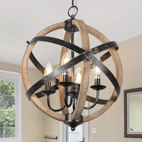LIFE SKY Farmhouse Chandelier Light Fixtures 4-Light Spherical Pendant: Adjustable Hanging Chain & Dimmable Design - Wood & Metal Craft Studio Lighting for Creative Workspace Atmosphere