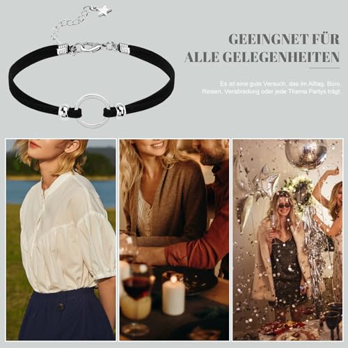 Epinki Damen Choker (Verstellbar), Doppel Halskette Gliederkette Samt O-Ring Form Anhänger Gothic Halsband Silber Schwarz mit Zirkonia, 30+8 cm