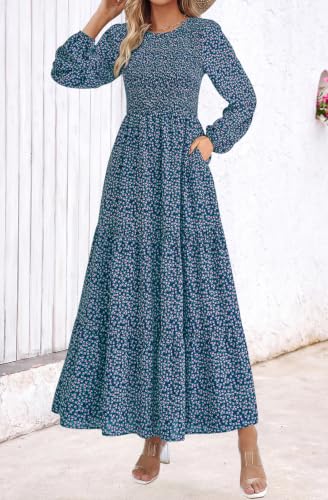 Image of PRETTYGARDEN Women's Fall Dresses 2026 Long Sleeve Flowy Casual Floral Maxi Dress Crew Neck Smocked Tiered Long Dress