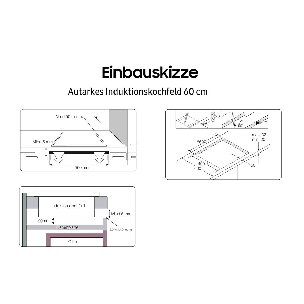 Samsung NZ64M3NM1BB Autarkes Induktionskochfeld, 60 cm große Herdplatte aus Glaskeramik, Rahmenlos, 4 Kochzonen mit Touch Steuerung, 9 Leistungsstufen, 4 Booster, Kindersicherung, Schwarz