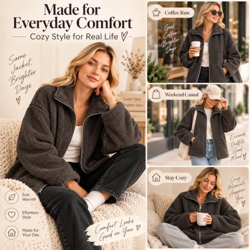 Sherpa Jacket Women, Full Zip Up Fuzzy Jackets Long Sleeve Stand Collar - image 5