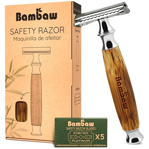 Bambaw Double Edge Safety Razor for Men & Women, Double Edge Razor with 5 Blades, Eco-Friendly Safety Razors, Reusable & Plastic Free – Thick Bamboo Silver