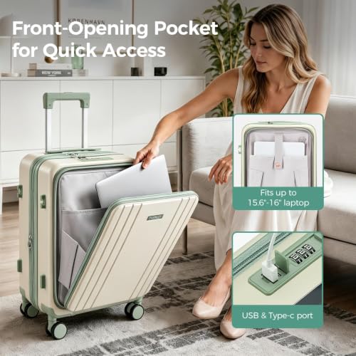 Image of Carry on Luggage Top opening Suitcases, Expandable with Cup&Phone Holder and USB Charging Port,Hardside with Front Pocket Rolling Suitcases with Spinner Wheels & YKK Zippers (Beige, 20 Inch)