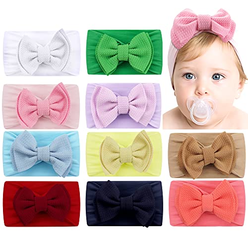 MiDoDo 10 Stück Baby-Stirnband Neugeborenes Weiches Elastisches Baby-Turban-Stirnband Bogenknoten-Stirnbänder für Baby-Mädchen Dehnbares Nylon-Baby-Bogen-Stirnband Breites Haarband für Baby