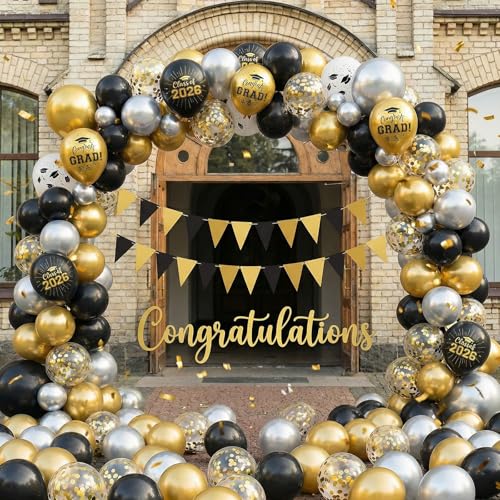 Image of Black and Gold Graduation Balloons, 60PCS Congrats GRAD Cap Printed Balloon, 12 Inch Metallic Silver Gold Confetti Latex Party Balloons Helium for Class of 2026 Graduation Ceremony Party Decorations