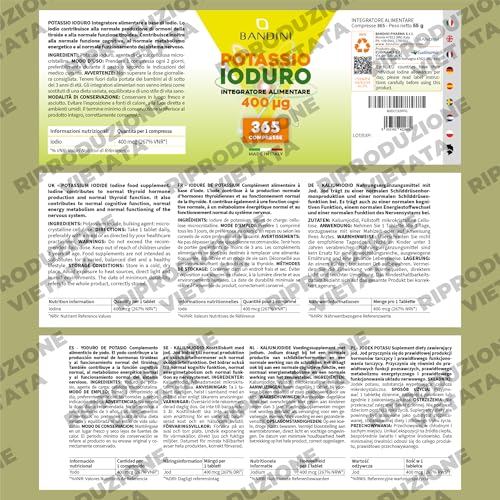 Bandini® Ioduro Di Potassio 365 Compresse Da 400Mcg, Integratore Di Iodio Ad Alto Dosaggio Vegan, Fornitura +1 Anno, Iodio Puro In Micro-Compresse Facilmente Deglutibili, Senza Glutine E Senza Ogm - 5