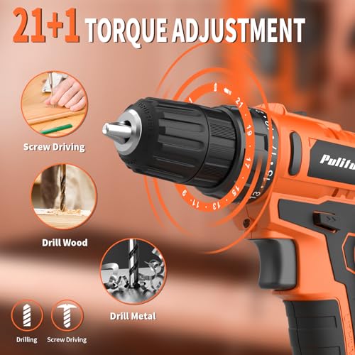 Image of PULITUO 20V Cordless Drill /Driver, 2 Batteries Electric Screwdriver, 30Nm Power Drill Driver, 21+1 Torque, 2 Speed, 3 /8 inchKeyless Chuck, power Drill with LED Light, Drill Driver Kit for Home (Orange)