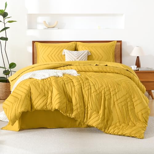 Image of Litanika King Size Comforter Set with Sheets Mustard Yellow - 7 Pieces Bed in a Bag King Chevron Tufted Complete Bedding Sets with Comforter, Sheets, Pillowcases & Shams