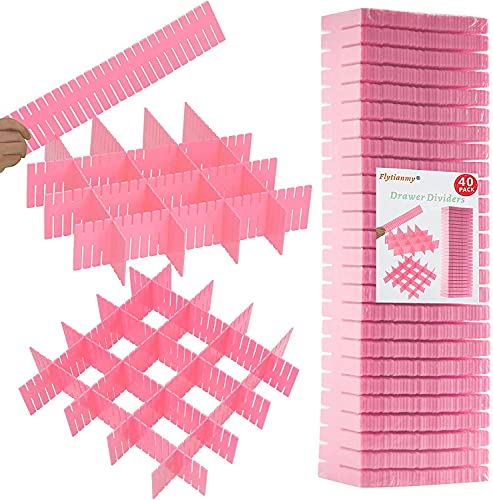 Flytianmy 40Pcs Drawer Dividers, Adjustable Drawer Organizer for Socks, Underwear, Makeup, Can Help Tidy Kitchen, Bedroom, Dresser Pink