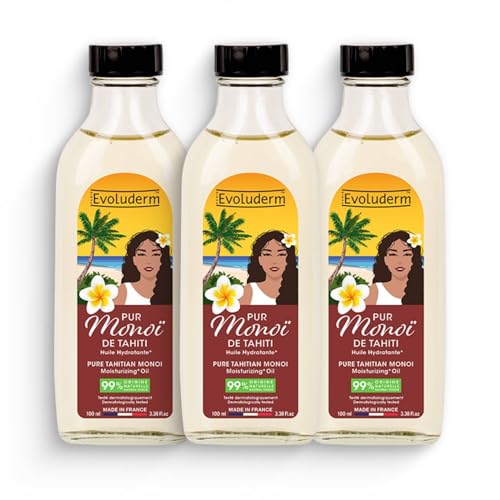 EVOLUDERM – Pur Monoï de Tahiti Huile Hydratante – 100 ml – 99% d’Origine Naturelle – Végan – Fabrication Française – Lot de 3 x 100 ml