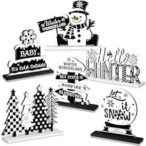 Barydat 6 Pcs Winter Wooden Signs Snowman Gnome Wood Table Decor Black White Blue Tabletop Block Signs Farmhouse Tiered Tray Decor for Winter Home Kitchen(Farmhouse)