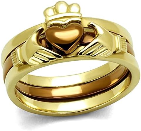 Women's Irish Claddagh Chocolate & 14k Gold Plated Wedding Ring Set Size 5-11