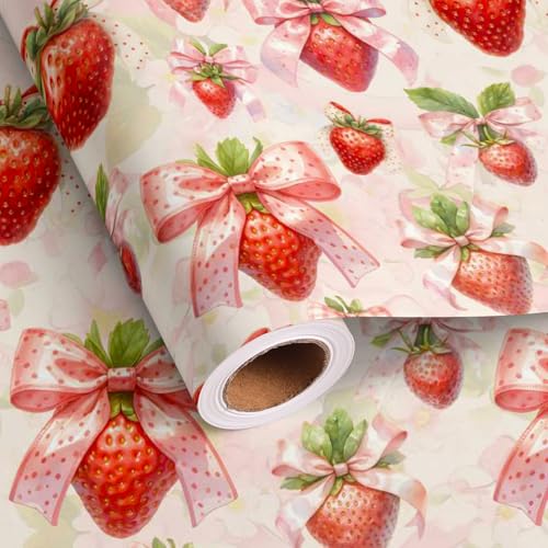 UNTROCHU Strawberry Wrapping Paper Roll for Girls Women - Pink Watercolor Strawberries Design Bow Gift Wrap for Kids Birthday Baby Shower Holiday Parties Wedding Bridal Shower - 17 in x 16.5 ft