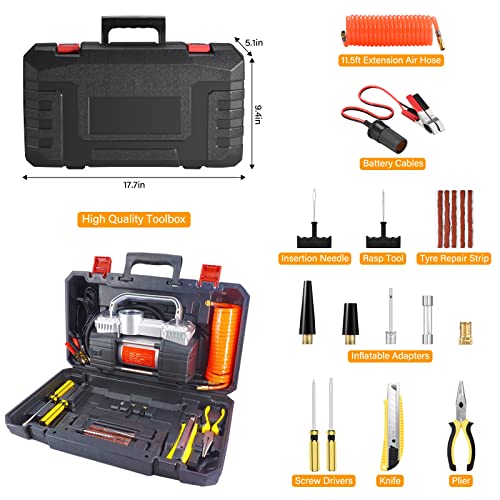 GSPSCN Digital Tire Inflator, Portable Toolbox 12V Air Compressor Pump Heavy Duty Dual Cylinders Car Pump,150Psi Auto Shut-Off with Tire Repair Kit for Auto,SUV,Truck etc
