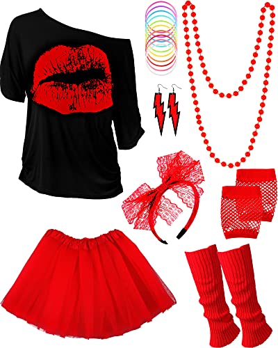 80s Costume Accessories Set T-Shirt Tutu Headband Earring Necklace Leg Warmersï¼ˆM, Redï¼‰