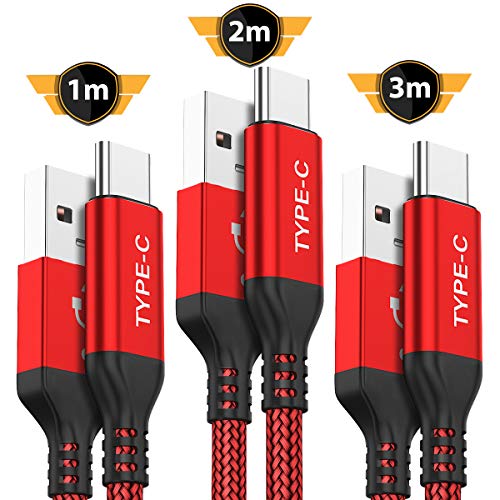 USB-type C kabel AKOADA [3 stuks 3M 2M 1M] nylon oplaadkabel voor Samsung Galaxy S10 S9 S8 Plus, Note 10 9 8, A3 A5 2017, LG G5 G6 V20, HTC 10 U11, Sony Xperia XZ Xa1, Huawei Honor 8 9, P20 Lite P10 etc. (rood)