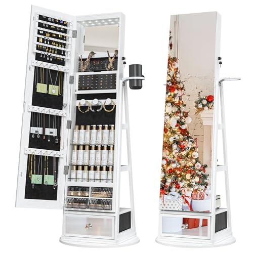 TJYGO Mirror Jewelry Cabinet Standing, 360° Swivel Jewelry Armoire with Drawer LED Lights, Lockable...