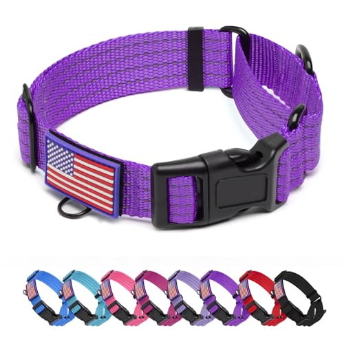 Image of Martingale Dog Collar Reflective NO Pull with USA Flag, L,Purple | Escape Proof without choking,Adjustable Limited Slip Collar with Quick Release Buckle, Nylon Walking Collar for S M L Dogs