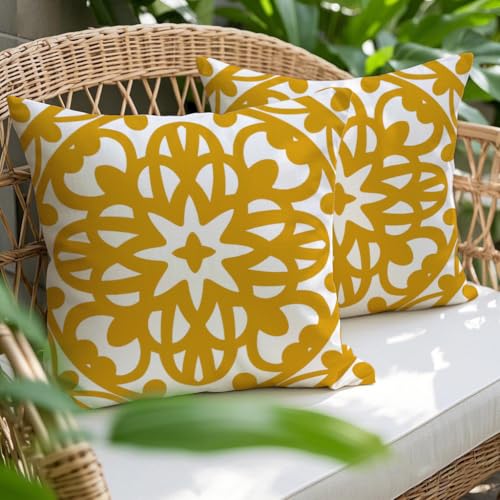 Miuyunya Lot de 2 Taie d'oreiller Extérieure Imperméable 45 x 45 cm Jaune Moutarde Housse de Coussin en Polyester Mandala Géométrique Moderne Jardin...