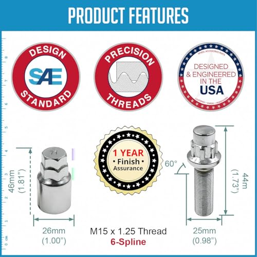 Image of Wheel Accessories Parts 4 Locks + Key M15x1.25 15x1.25 Thread Ball Seat Lug Bolt Chrome Finish 44mm Shank Length Dual Hex Key 17mm & 19mm fits Mercedes GLE GLS AMG Maybach GLS with OE Wheels