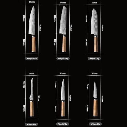 Miniatura 7 de Juego de cuchillos de lujo de 6 piezas con bloque de cuchillos de Damasco, cuchillos de cocina profesionales con mango de madera de olivo, núcleo de