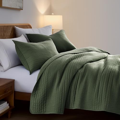 palassio Striped Olive Green 100% Cotton Quilt California Cal King Size Bedding Sets, Oversized Lightweight Channel Pick Stitch Textured Bedspread Soft Farmhouse Coverlet for All Season, 2 Shams - Image 8