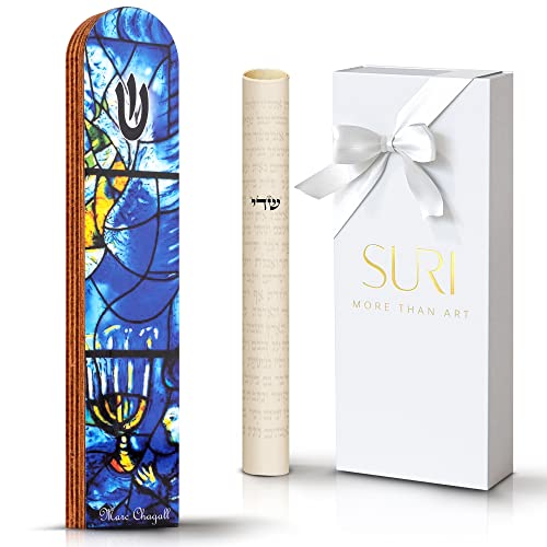 SURI Wooden Mezuzah with Printed Scroll for Door – 5 Inch Chagall Inspired Blue Jewish Door mezuzah Cover, Self-Stick Adhesive, Fits a 4 Inch Scroll, Gift Box Included