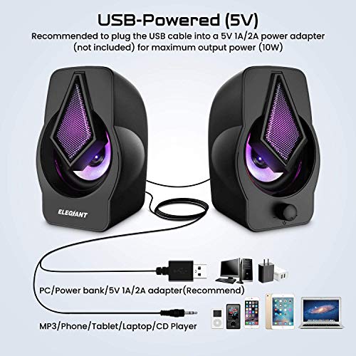 Computer Speakers ELEGIANT PC Speakers with 3 Light Modes, USB Powered Stereo Speakers, with 3.5mm AUX and Volume Control, Compatible with Gaming Desktop, PC Cellphone Tablets Desktop Laptop