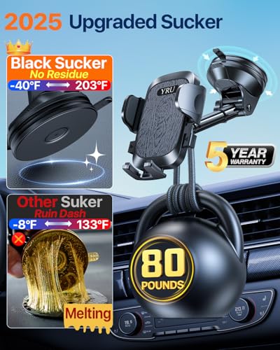 Image of YRU True Upgrade for Safety Car Phone Holder Mount Patent & Military-Grade Dashboard Cell Phone Holder for Car Vent Windshield Phone Stand for iPhone 17 16 15 14 13 Pro Max Truck Samsung, Matte Black